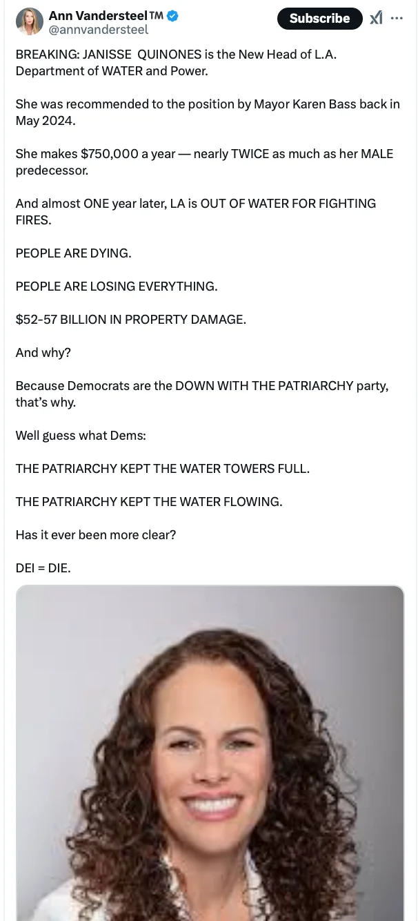Vandersteel on Bass’ appointee to head L.A. Dept. of Water: ‘Makes 2x more than male predecessor and L.A. is out of water. DEI = DIE’