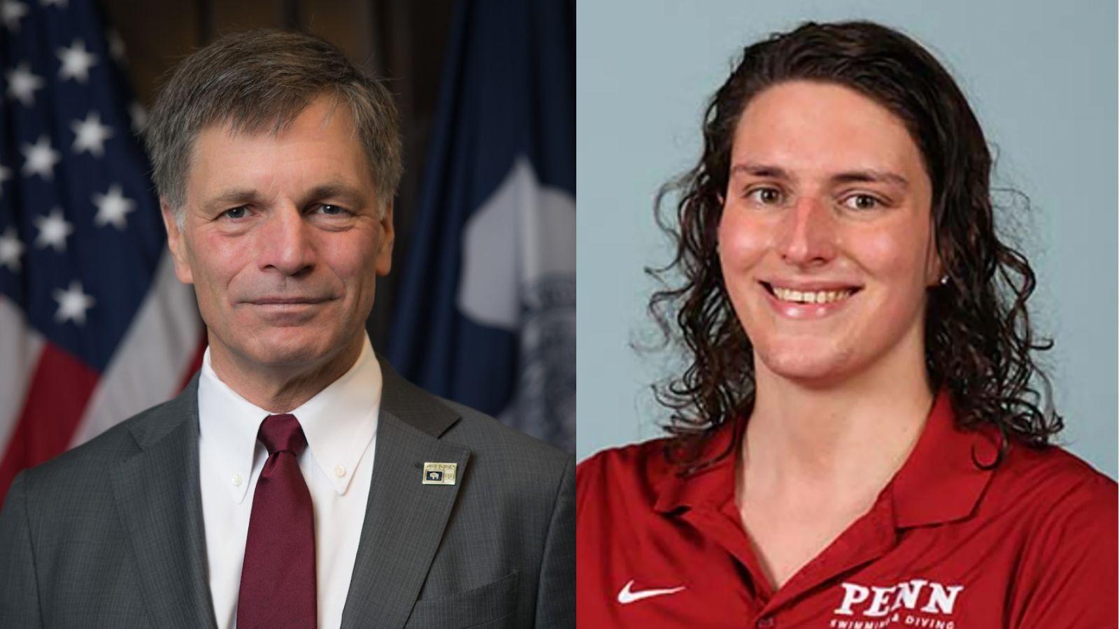 Wyoming Gov. Mark Gordon, left, and University of Pennsylvania male swimmer Will "Lia" Thomas - State of Wyoming / Penn Athletics