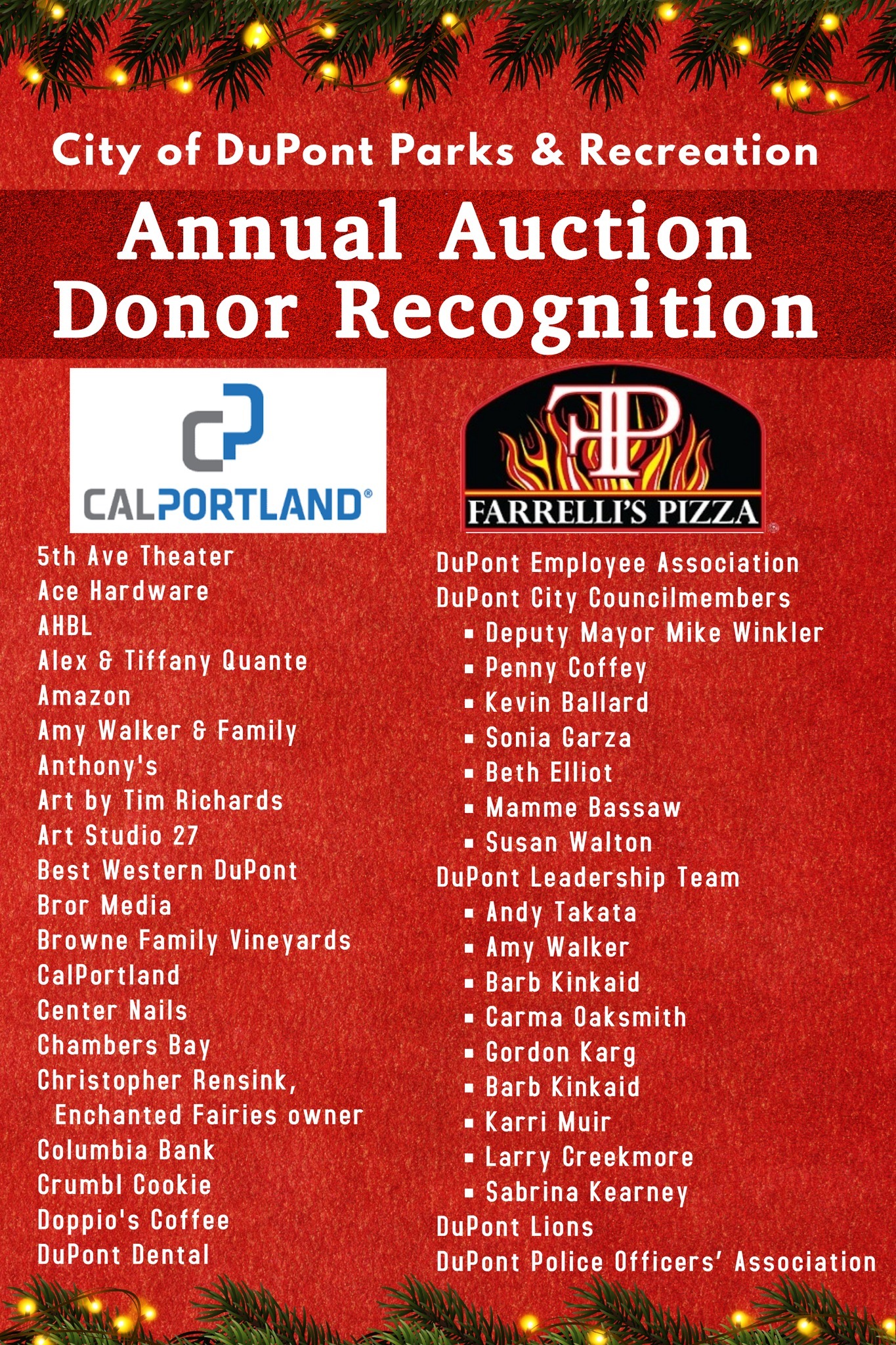 Parks & Recreation would like to thank all of the local and regional businesses and organizations who donated time and resources to the Annual Parks & Recreation Auction!