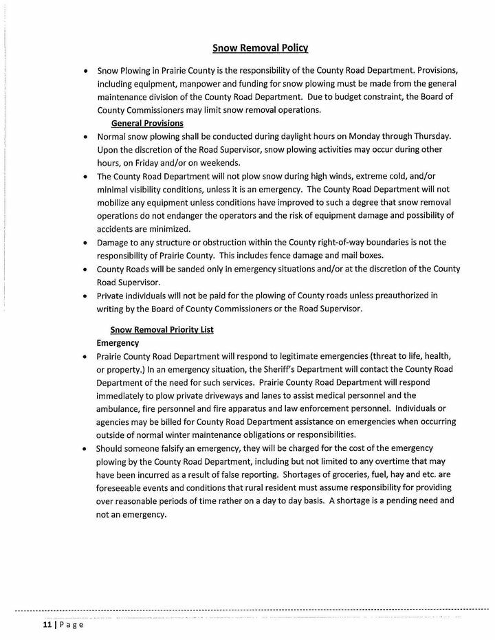 Prairie County Clerk’s Office: Snow Removal Policy