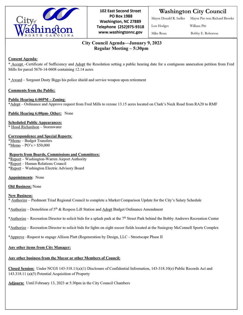 CITY OF WASHINGTON: City Council Meeting January 9